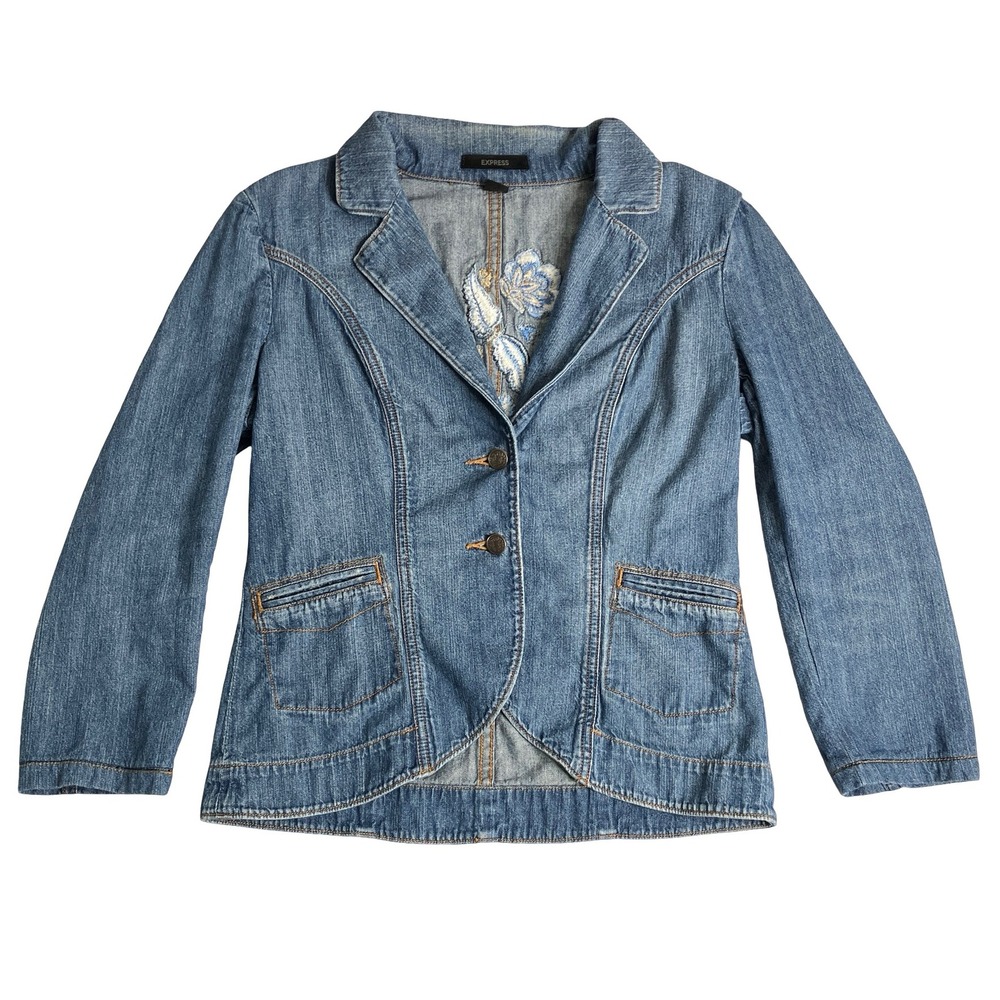 Express Denim Blazer Jacket Womens Small Blue Floral Embroidered Two Button Boho